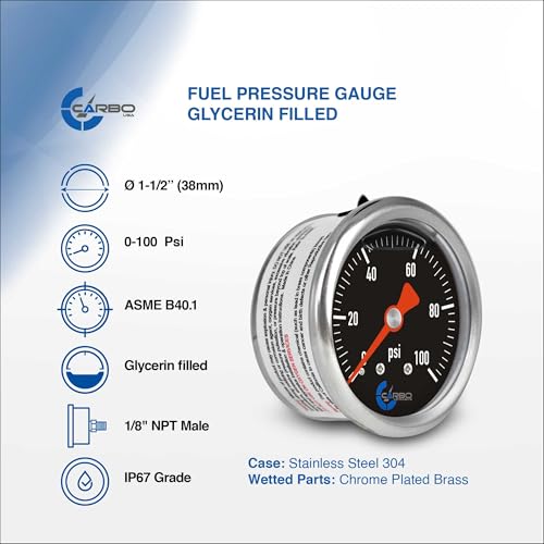 1-1/2" Fuel Pressure Gauge, Stainless Steel Case 304, Chrome Plated Brass Connection, Glycerin Filled, 0-100 Psi, Accuracy 3-2-3%, Back Mount 1/8" NPT Black Dial - size: 100 PSI, style: Back Mount Balck Dial