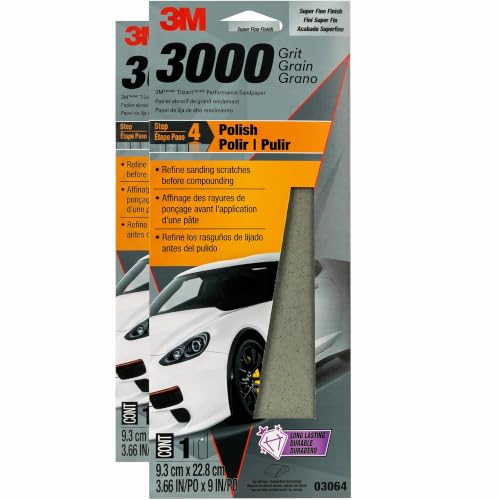 3M Performance 3000 Grit Sandpaper, 3-2/3 in x 9 in, Polish Clear Coat- Paint, Restore Shine, Ideal- Detailed Finishing and Polishing, Very Fine Grade Abrasive for Refined Finishes (03064) (Pack of 2) - size: 3 2/3 in x 9 in (Pack of 2)