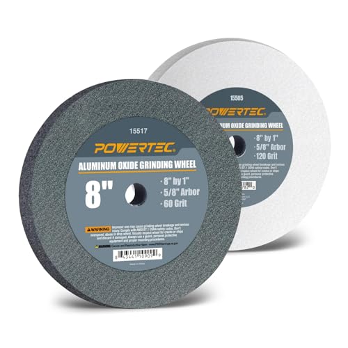 POWERTEC Bench Grinder Wheel 8 Inch 60 & 120 Grit, White Aluminum Oxide Grinding Wheel for Bench and Pedestal Grinder, 1" Thick 5/8" Arbor, Sharpening & Shaping Drill Bits, Blade, Chisel, 2PK (15549) - style: 8" Grinding Wheels