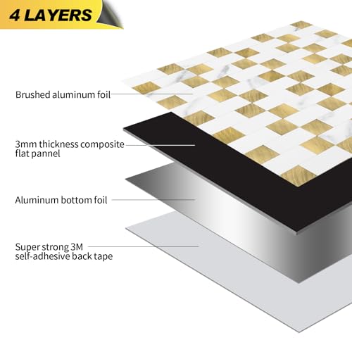 Yipscazo Peel and Stick Backsplash Tile, Stick on Stainless Steel Backsplash Metal Tiles for Kitchen Walls in Marble White Mixed Gold (12''x12'',10 Sheets) - color: Marble White mixed Gold