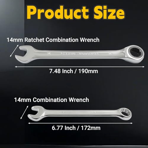 14mm Ratcheting Wrench 2 Pcs 72-Tooth 12-Point Chrome Plated - size: 14mm