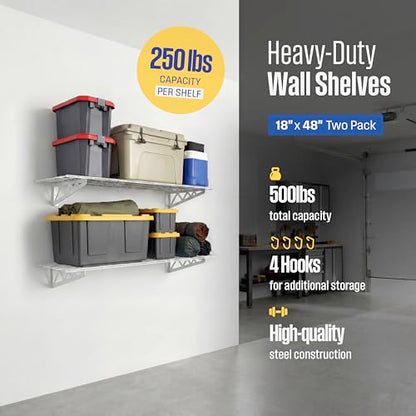 SafeRacks Steel Garage Wall Shelves 2-Pk w/Hooks, 500lb, White (18x48) - color: White, size: 18"x48" (2-Pack)