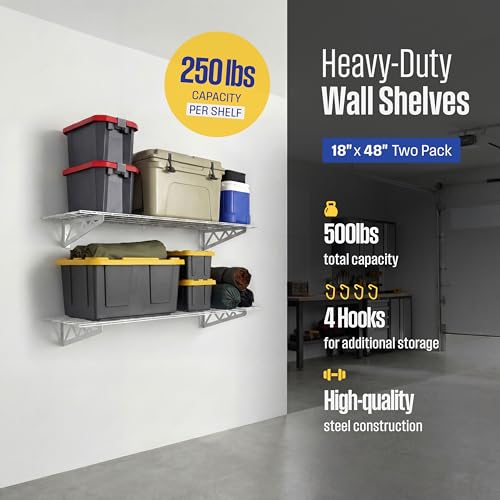 SafeRacks Steel Garage Wall Shelves 2-Pk w/Hooks, 500lb, White (18x48) - color: White, size: 18"x48" (2-Pack)