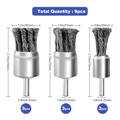 9 Pack 0.8" 1" 1.2" Knotted Wire Brush for Drill,1/4 Inch Arbor,Carbon Steel Twisted Wire Brush for Rust,Corrosion,Paint Removal