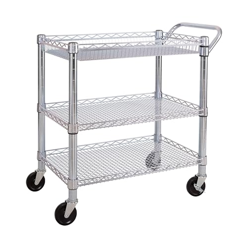 Seville Classics UltraDurable NSF Commercial Heavy Duty Metal Rolling Utility Cart, Handle Bar for Restaurant, Garage, Warehouse, Kitchen, Office, Deep Top Basket (34.8"W x 18.25"D) - color: Steel, size: 34.8" W x 18.25" D