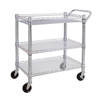 Seville Classics UltraDurable NSF Commercial Heavy Duty Metal Rolling Utility Cart, Handle Bar for Restaurant, Garage, Warehouse, Kitchen, Office, Deep Top Basket (34.8"W x 18.25"D) - color: Steel, size: 34.8" W x 18.25" D