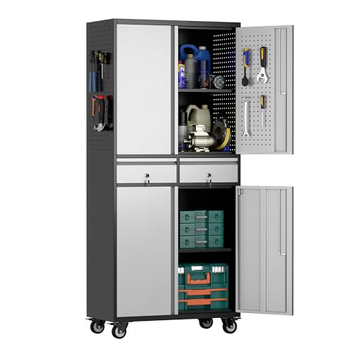 Aobabo Metal Garage Cabinet with 2 Drawers, Wheels & Pegboard, Black Silver - color: Black Silver, size: 15.1"D x 30"W x 71"H