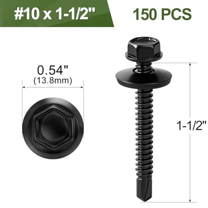 150 PCS #10 x 1-1/2" Black Self Drilling Metal Roofing Screws, Hex Head Self Tapping Sheet Metal Roof Screw with Rubber Washer for Wooden Siding - size: #10 x 1-1/2"