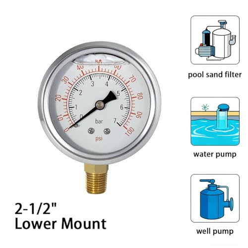 YSIL 1/4 NPT Liquid Filled Pressure Gauge w/ 3/8 NPT 1/2 NPT Adapter 100Psi - size: 0-100 psi