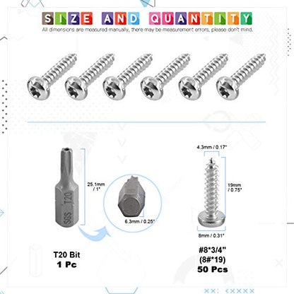 Glarks 51Pcs #8 x 3/4'' Button Head Torx Security Sheet Metal Screws Stainless Steel Tamper Resistant Screws Set with T20 Bit (50pcs #8 x 3/4'') - size: 50pcs #8 x 3/4''