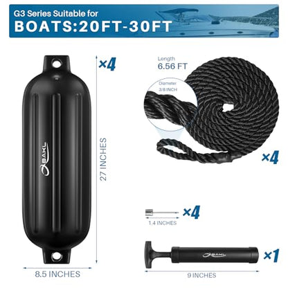 4 Pack 8.5 x 27 Inches Boat Fenders Bumpers for Docking - color: Obsidian Black