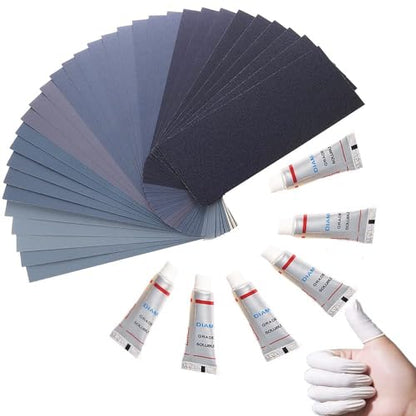 Extra Fine Sand Paper 120 to 20000 High Grit, 60 PCS Sandpaper Sheets with 10 Finger Cots, 6 Polishing Pastes, Assorted Wet Dry Sandpaper Assortment, for Car Wood Metal Furniture 9.1 x 3.6'' (60 PCS) - style: 60PCS
