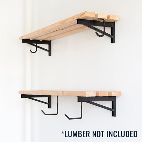 StoreYourBoard 14 Inch Heavy Duty Shelf Brackets, Set of 4 for 1' x 4' DIY Garage Wall Shelves, Holds 600 lbs, Solid Steel, Includes 4 Hooks for Hanging Storage, 14" x 1" x 8.5" - size: 1' x 4'