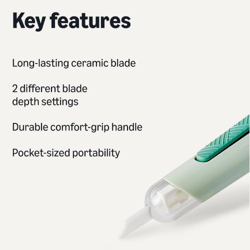 Amazon Basics Ceramic Box Cutter Utility Knife, Adjustable Safety Cutter, 0.75 x 0.75 x 5.50 inches, Green, 1-Pack