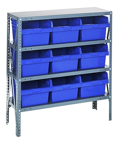 Quantum Storage 1239-SB809 Store-Max Steel Shelf Bin Organizer System, 9 8"H Hopper-Front Bins, 4-Shelf Unit, 400 lb Per Shelf, for Warehouse, Shop, Garage & Stockroom, 12"D x 36"W x 39"H, Blue - size: 39" H x 36" W x 12" D, style: 12" L x 12" W x 8" H 9