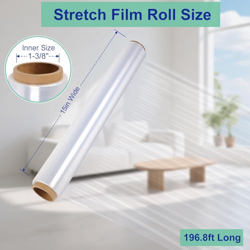 Stretch Film Roll,15IN Wide 196.8FT Long-60 Gauge Shrink Wrap Film,Self-Adhering Plastic Wrap Roll for Pallet Wrap, Furniture Wrapping Moving & Protection,300% Max Stretch,Clear - size: 15INx196.8FT