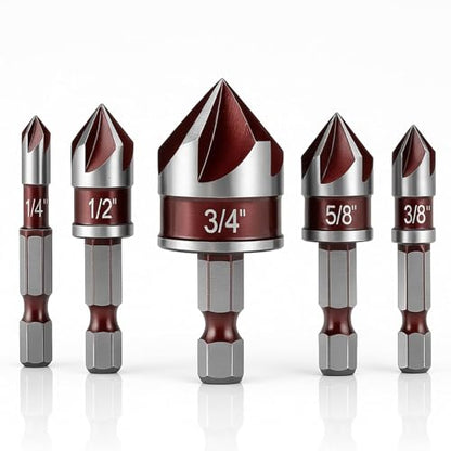 5 Pcs Countersink Drill Bit Set, 82-Degree HSS Drill Bit(1/4" to 3/4"), Quick Change Hex Shank, 5 Flute Premium Countersink Bits for Wood, Metal, Plastic – Durable & Rust-Resistant