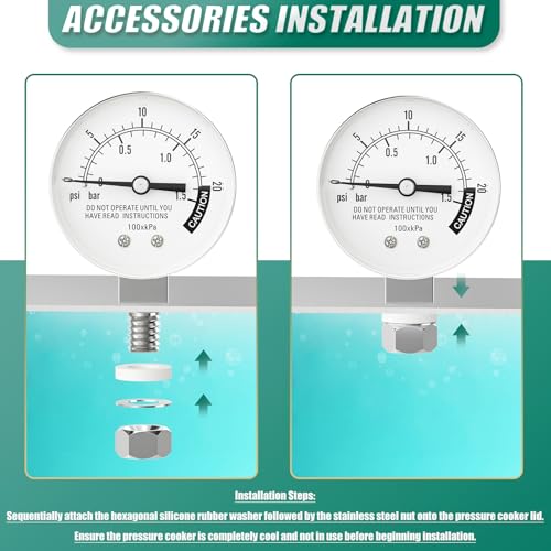 0-20PSI Stainless Steel Pressure Cooker Gauge, 2" Dial Size, 3/8" UNC Lower Mount, with Plastic Washer, Washer, Nut, 14mm Wrench, for UNC Steam, Pressure Tank - size: 3/8" UNC