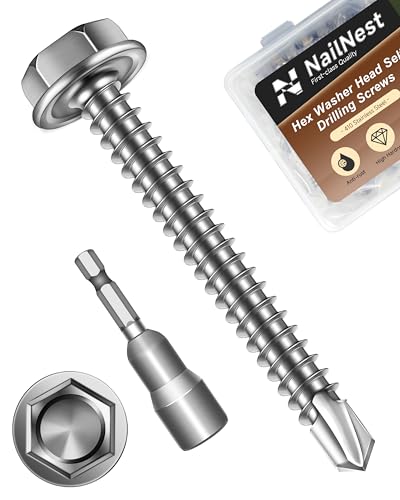 100PCS #8 x 1-1/2" Self Drilling Screws, Self Tapping Screws for Metal, 410 Stainless Steel Hex Washer Head Sheet Metal Screw, Bright Finish with 7mm Hex Socket - color: Silver, size: #8 x 1-1/2"