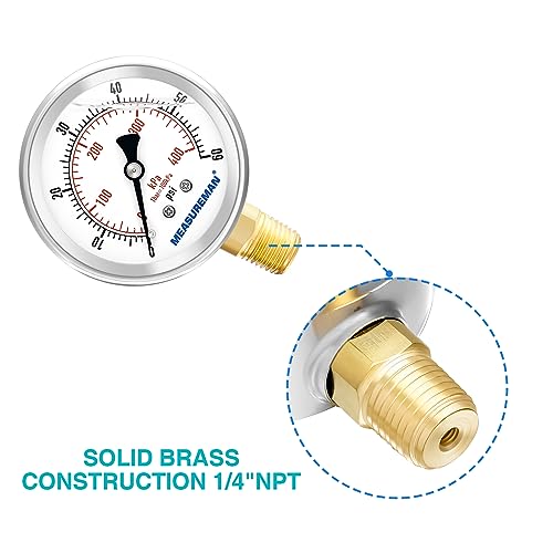 MEASUREMAN 0-60psi/kpa Liquid Filled Pressure Gauge with Brass Gauge Adaptor 1/4NPT Female，2-1/2 OAL x 1-2/5" x 1/8" Probe with Stainless Steel Sheath，Pressure Test Kit - size: 2.5 inches