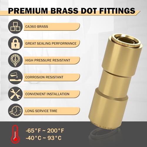 CheeMuii 6PCS 1/2" Brass DOT Air Line Fittings DOT Brass Straight Union - size: 1/2IN-6PCS