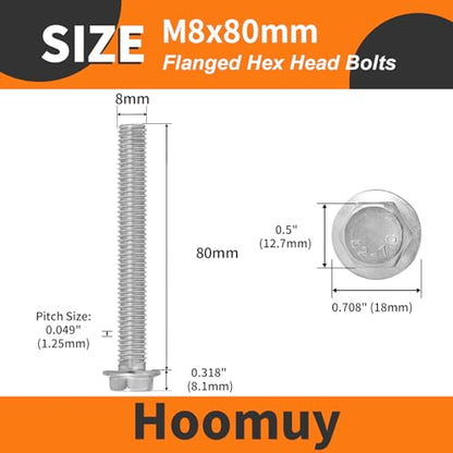 M8 x 80mm 8pcs Heavy Duty Flanged Hex Head Bolts, Flange Hexagon Head Screws, Stainless Steel 304, Metric Fully Threaded, Bright Finish - size: M8 x 80mm(8pcs)