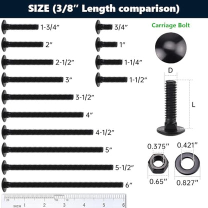 10 Sets 3/8-16 x 1-1/2" Carriage Bolts and Nuts & Flat Washers, 304 Stainless Steel 18-8, Black Coated, Heavy Duty Bolts for Home & Machinery Assembly & Repair, Automobile, by RoyceMart - size: 3/8-16 x 1-1/2"