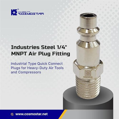 COSMOSTAR Industries Steel 1/4" MNPT Air Plug Fitting, 1/4 Inch Plug and 1/4" NPT Connector - Industrial Type Quick Connect Plugs (1/4" PMNPT0, 5 PCS)