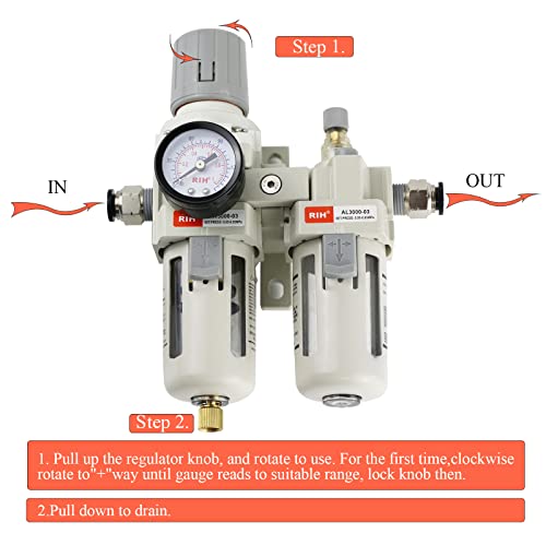 RIH Pneumatics 3/8" NPT Compressed Air Filter Regulator Lubricator Combo Water/Oil Trap Separator - Gauge(0-150 psi), Semi-Auto Drain, Poly Bowl,Bracket - 3 in 1 Two Unit (3/8" NPT) - size: 3/8" NPT