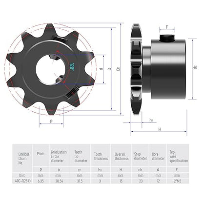 14 Tooth Roller Chain Sprocket, 25 Chain, 12mm Bore - size: 14T/12mm Bore