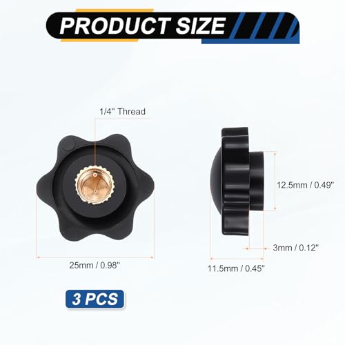 HARFINGTON Star Knob 1/4" Female Thread 25mm Head Brass Insert Black 3pcs - color: Black, size: 1/4" x 25mm