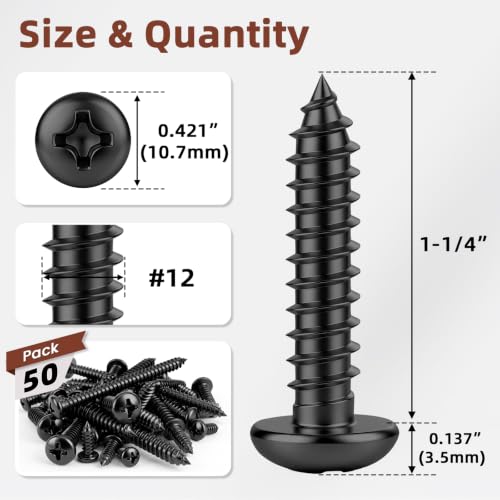 Mellewell #12 x 1-1/4" Pan Head Self Tapping Screw, Pan Head Sheet Metal Screws Wood Screws, Black Finish Stainless Steel 304 (18-8), 50 Pack - color: Black, size: #12 x 1-1/4"