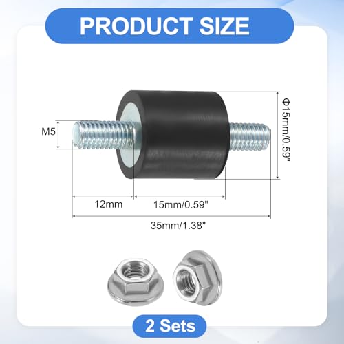 uxcell 2Pcs M5 x 12mm Rubber Mounts, 15 x 15mm Cylindrical Anti Vibration Isolator Studs Shock Absorber Double Studs with Nuts for Car Bobbin Generator Air Compressors - size: M5 x 12mm, 15 x 15mm