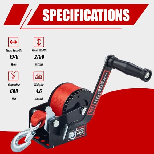 TYT 600LB Boat Trailer Winch with Red Nylon Strap, Anti-Slip Handle Crank Gear Hand Winch, Portable Two-Way Ratchet Forward & Backward Manual Rope Ratio 3.2:1 Winch for ATV Jet Ski Trailer Small Winch - style: 600lb with Red Strap