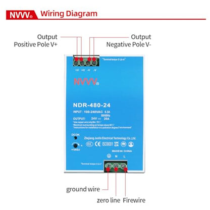 NDR-480-24 24VDC 20 Amp 480W Industrial DIN Rail Power Supply Built-in Active PFC Function Silver+Blue