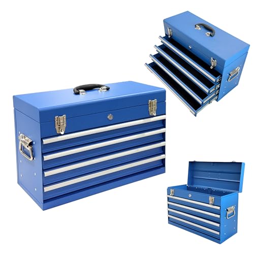 Heavy Duty Metal Tool Box, 21-inch, Portable Metal Tool Box with 4 Drawers, Small Tool Chest with EVA Liners, Ball Bearing Slide Drawers Locking & Powder Coated Finish, Multi-Function Tool Organizer - color: Tool Box-blue