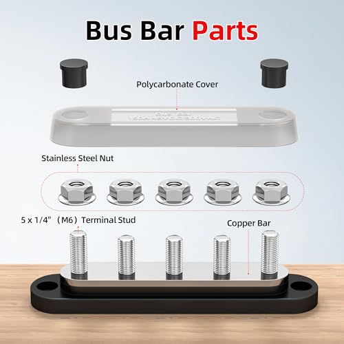 Bus Bar 12V 150A Power Distribution Block 5 x 1/4"（M6） Studs 12 Volt Marine Bus Bar for Car Automotive Solar - style: 150A 5 x 1/4" (M6）Studs