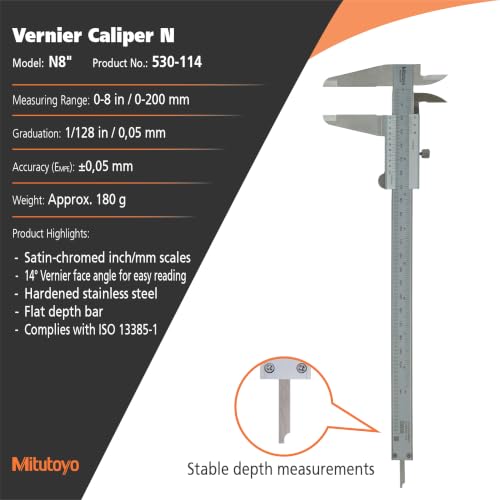 Mitutoyo 530-114 Vernier Caliper, Stainless Steel, Inch/Metric, 0-8" Range, +/-0.002" Accuracy, 0.0078" Resolution