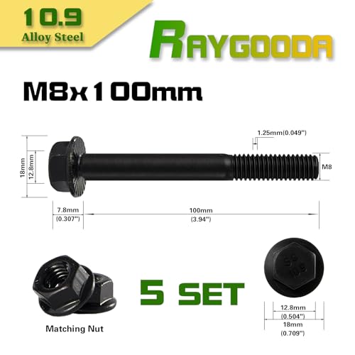 M8-1.25x100mm Flange Bolt and Nut Kit 5set- Grade 10.9 Alloy Steel, Black Zinc,Partially Thread, Serrated Self-Locking, Vibration Resistant for Automotive, Machinery & Heavy Duty - size: M8x100mm(5 Sets）