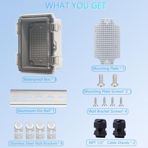 IP67 Waterproof Junction Box, ABS Plastic Electrical Enclosure with Stainless Steel Latch, Hinged Cover Electric Box with Mounting Plate, Wall Brackets & Cable Glands 150x100x70 - color: Clear, size: 5.9"x3.9"x2.8"