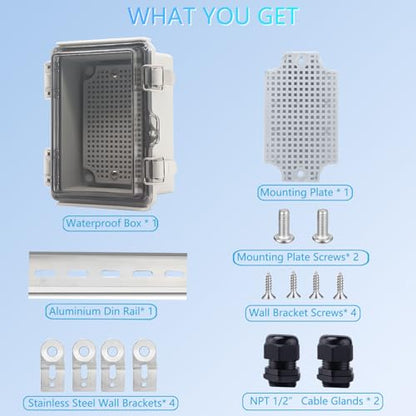 IP67 Waterproof Junction Box, ABS Plastic Electrical Enclosure with Stainless Steel Latch, Hinged Cover Electric Box with Mounting Plate, Wall Brackets & Cable Glands 150x100x70 - color: Clear, size: 5.9"x3.9"x2.8"