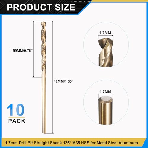 PATIKIL 1.7mm Drill Bit M35 Cobalt 5% High-Speed Steel for Metal 10 Pack - size: 1.7mm