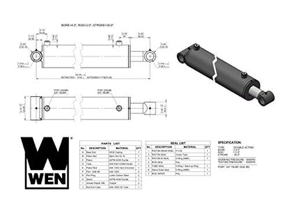 WEN Cross Tube Hydraulic Cylinder with 4-inch Bore and 30-inch Stroke (WT-4030)