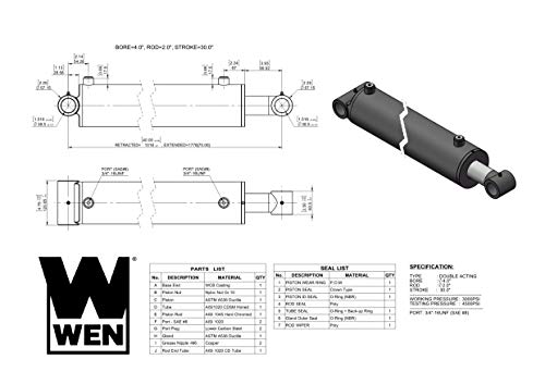 WEN Cross Tube Hydraulic Cylinder with 4-inch Bore and 30-inch Stroke (WT-4030)