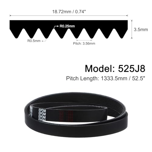 uxcell 525J8 PJ V-Ribbed Belt 8 Ribs 52.5" Length x 0.74" Width x 0.14" Thick, EPDM Poly V Belt, Industrial Transmission Serpentine Belt - size: 525J8
