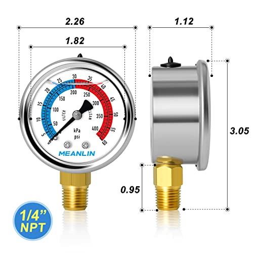 MEANLIN MEASURE 1/4" NPT 0-60psi Pressure Gauge, 2" Dial Glycerine Filled Pool Filter, 304 Stainless Steel Housing, Lower Mount, with 1/2" NPT and 3/8" NPT Hex Bushing - size: 0-60Psi/0-400Kpa, style: Lower Mount