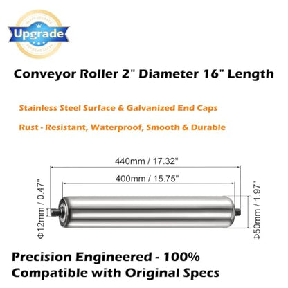 Conveyor Roller 2" Diameter 16" Length, Stainless Steel Gravity Transmission Replacement Part Galvanized End, Silver