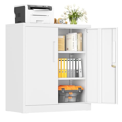 SUNCROWN 36” Metal Storage Cabinets with Doors and 2 Adjustable Shelves, Locking Tool Garage Cabinet, File Cabinets for Home & Office (White) - color: White, size: 36"H x 32"W x 16"D