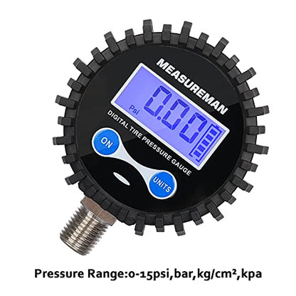 MEASUREMAN 2-1/2" Dial Size Digital Air Pressure Gauge with 1/4'' NPT Bottom Connector and Protective Boot, 0-15psi, Accuracy 1%, Battery Powered (Pack of 2) - size: Long thread (Pack of 2), style: 0-15psi