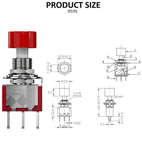AC 2A/250V 5A/120V 3 Pin Momentary Push Button Switch NO NC with Red Cap 5Pcs - size: 3P